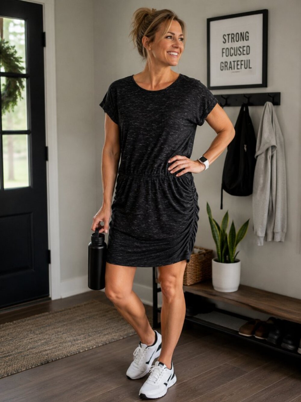 Short Sleeve Ruched t-shirt Dress large black athletic